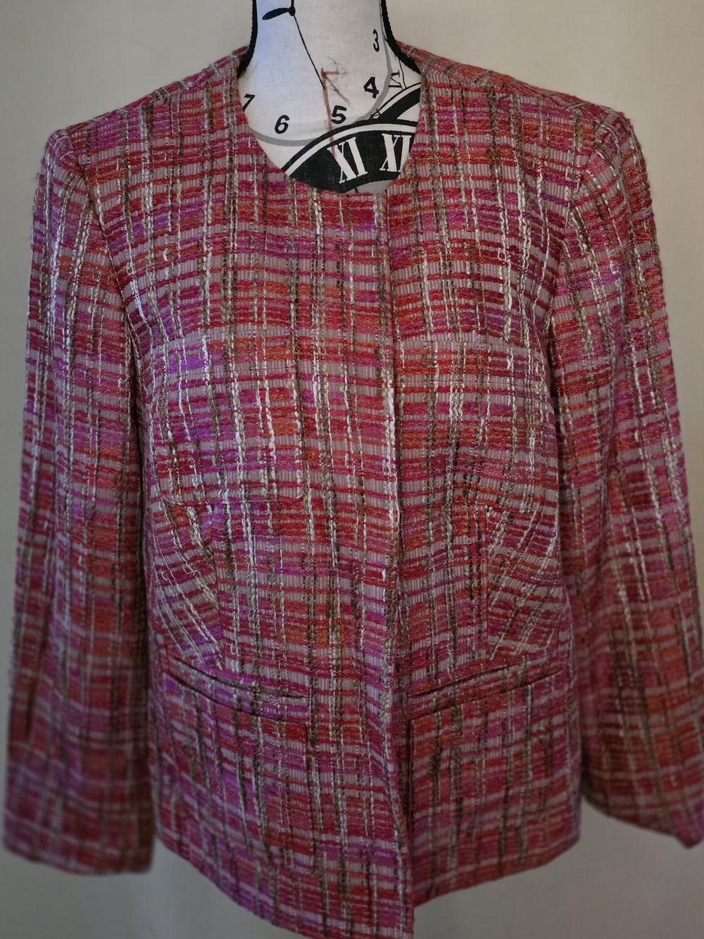 Jones New York Pink Plaid Tweed Collarless Blazer